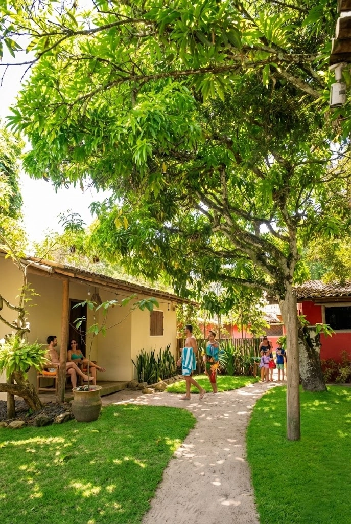 Vista das construções da pousada em Caraíva